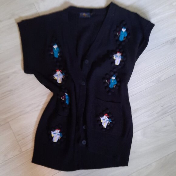Vintage Button-up Black Sweater Vest With Tiny Knit People Oversized Streetwear - Picture 2 of 7